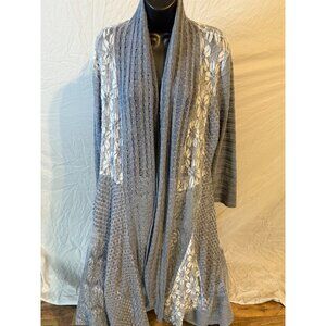 This That Long Gray Crochet Duster Cardigan Sweater Womens Size Large L Flaw